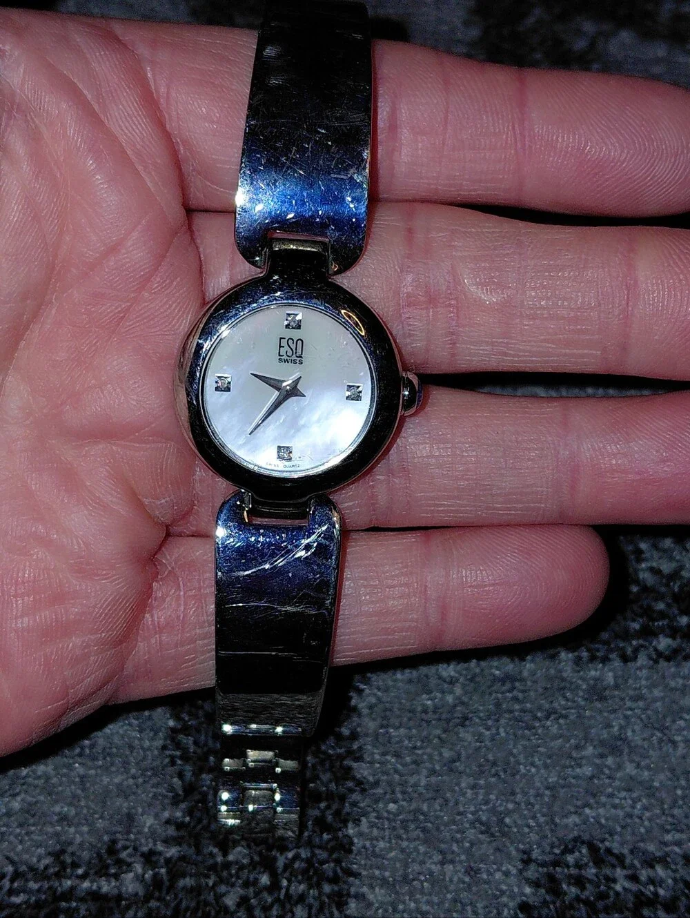 ESQ by Movado Swiss Diamond Mother of Pearl Stainless Steel Bangle Watch CC